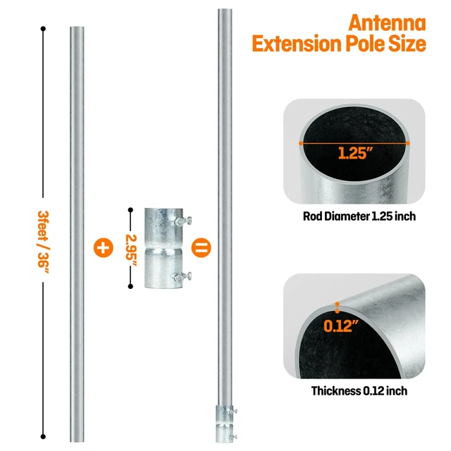 Alt view image 2 of 5 - Antenna Mast 3ft Extension Pole, 1.25" x3Ft Heavy Duty Galvanized Steel with 1 Coupler