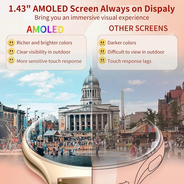 Alt view image 2 of 7 - Smart watch for Women, 1.43" AMOLED, Fitness Tracker with Android/iOS Ladies Watch with Bluetooth Call and Notifications, 100+Sports Codes with 24/7 Heart Rate/Sleep monitor (modern Gold)