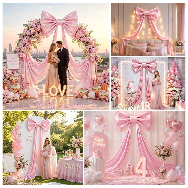 Alt view image 4 of 7 - Big Pink Bow for Backdrop, Extra Large Coquette Bows with Built-in Sponge, 48x24x120 Inches Giant Bow Decor for Birthday, Baby Shower, Bridal Party, Wedding, Nursery Room Hanging Decoration