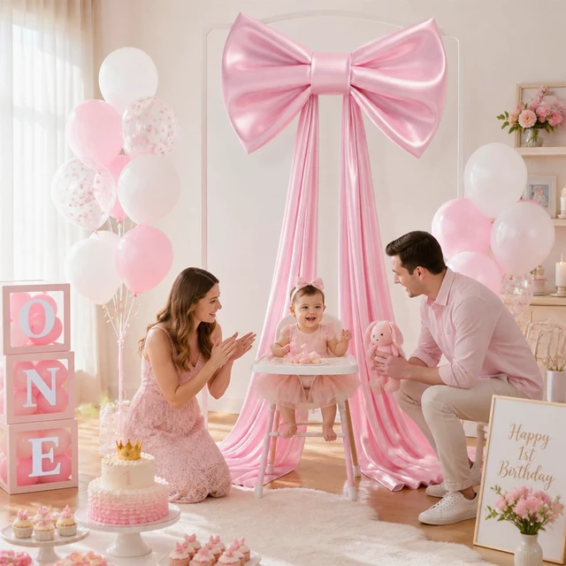 Alt view image 5 of 7 - Big Pink Bow for Backdrop, Extra Large Coquette Bows with Built-in Sponge, 48x24x120 Inches Giant Bow Decor for Birthday, Baby Shower, Bridal Party, Wedding, Nursery Room Hanging Decoration