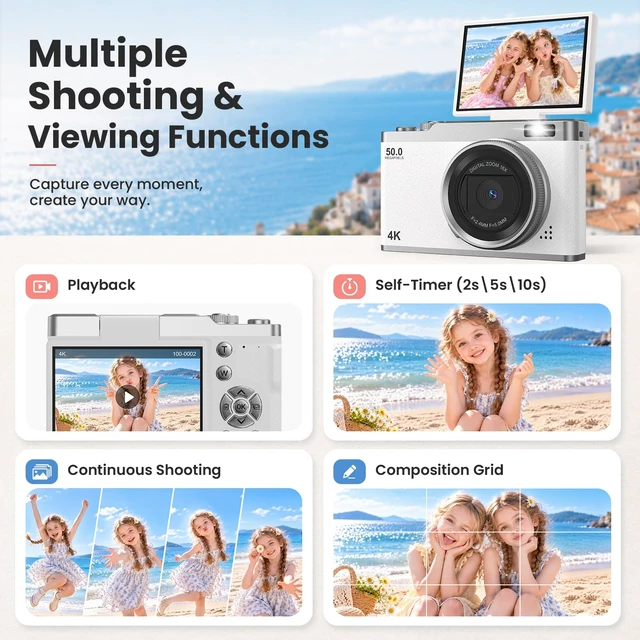 Alt view image 5 of 7 - Kids Digital Camera for Ages 6-15, Beginner Camera for Boys & Girls, Easy to Use Starter Camera with Flip Screen, Autofocus, Selfie & Video for Travel, School,Birthday with SD Card