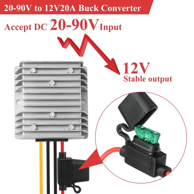 Alt view image 2 of 7 - 20A 240W 12V Golf Cart 24V 36V 48V 60V 72V 84V Step Down to 12V Buck Converter Voltage Regulator Reducer Transformer with Fuse for Golf Cart-Overload and Short Circuit Protection (Input 20-90V)
