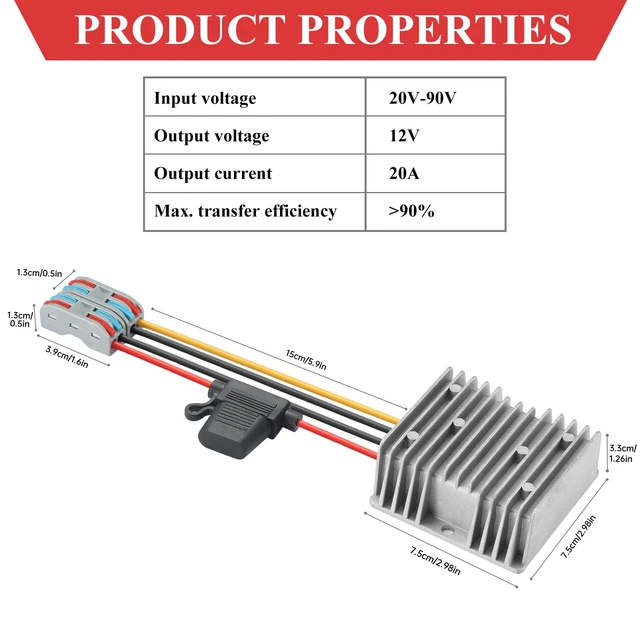 Alt view image 4 of 7 - 20A 240W 12V Golf Cart 24V 36V 48V 60V 72V 84V Step Down to 12V Buck Converter Voltage Regulator Reducer Transformer with Fuse for Golf Cart-Overload and Short Circuit Protection (Input 20-90V)