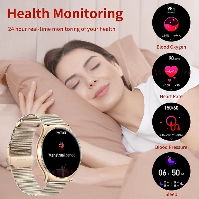 Alt view image 4 of 7 - Smart watch for Women, 1.43" AMOLED, Fitness Tracker with Android/iOS Ladies Watch with Bluetooth Call and Notifications, 100+Sports Codes with 24/7 Heart Rate/Sleep monitor (modern Gold)