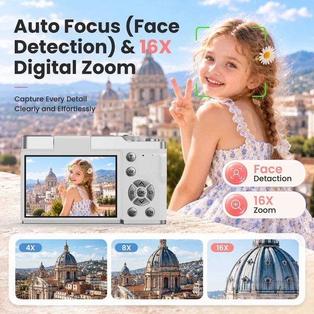 Alt view image 7 of 7 - Kids Digital Camera for Ages 6-15, Beginner Camera for Boys & Girls, Easy to Use Starter Camera with Flip Screen, Autofocus, Selfie & Video for Travel, School,Birthday with SD Card