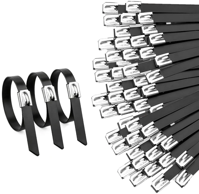 Main image of 100PCS Cable Ties,0.18X15.75 Inch Heavy Duty Black Metal Zip Ties 304 Stainless Steel Zip Ties, 264LBS High-strength,Self-locking Secure Fastening,Ideal for Outdoor,Fence, Exhaust Wrap Etc