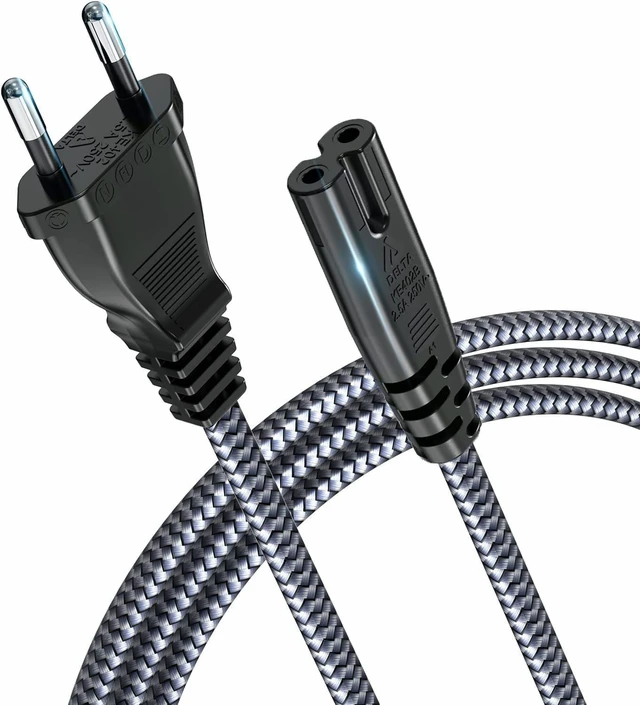 Main image of European Power Cord, EU 2- Slot Power Cable Europlug (IEC-320-C7 to CEE 7/16) Nylon Braided Figure 8 Power Cable with VDE for European Travel Work on TV, PS3/PS4/PS5,One S/X, Laptop -10ft