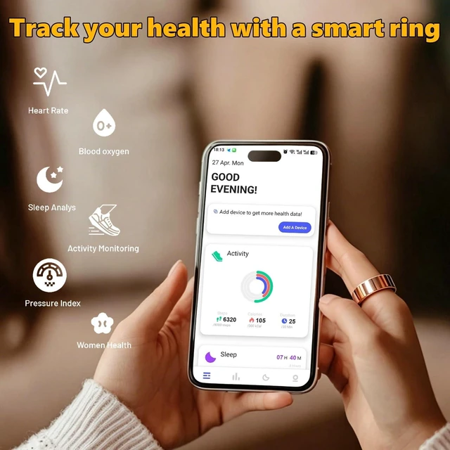 Alt view image 2 of 7 - Smart Ring for Women & Men, Health Tracker Ring Supports Heart Rate, Blood Oxygen, and Charging case, IP68 Waterproof Fitness Ring for iOS/Android, No Subscription Fee (Rosegold, 9#)