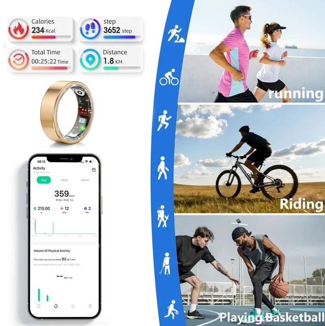 Alt view image 7 of 7 - Smart Ring for Women & Men, Health Tracker Ring Supports Heart Rate, Blood Oxygen, and Charging case, IP68 Waterproof Fitness Ring for iOS/Android, No Subscription Fee (Rosegold, 9#)