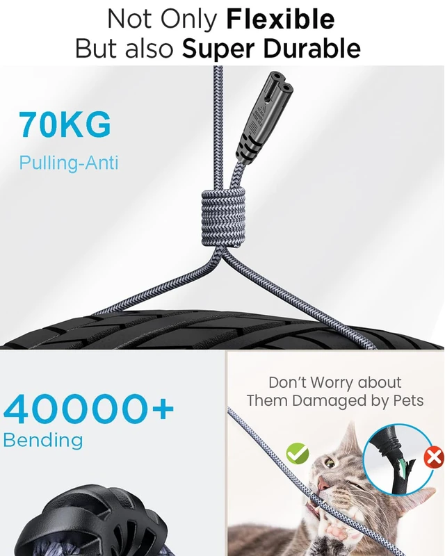 Alt view image 6 of 7 - European Power Cord, EU 2- Slot Power Cable Europlug (IEC-320-C7 to CEE 7/16) Nylon Braided Figure 8 Power Cable with VDE for European Travel Work on TV, PS3/PS4/PS5,One S/X, Laptop -10ft