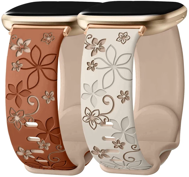Main image of 2 Pack Floral Engraved Bands for Fitbit Sense 1/2 Versa3/4 Cute,Two-Tone,Soft Silicone,Sport Strap,Women,For Fitbit Sense 2 / Sense Fitbit Versa 4/ Versa 3