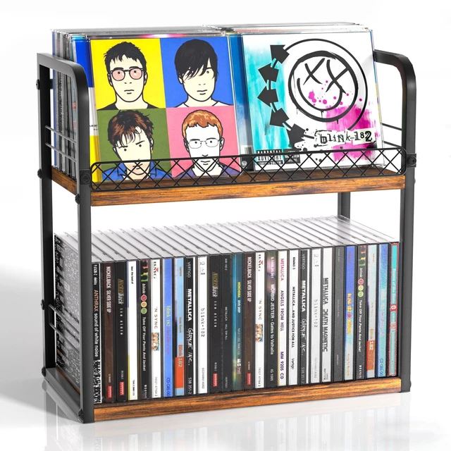 Main image of 2-Tier CD Holder, CD Storage Rack with Display Shelf, Holds Up to 60 CDs Standard, CD Storage Rack for DVD Storage, Books and Other Media Items, Retro DVD/ CD Organizer Tower for Music Enthusiasts