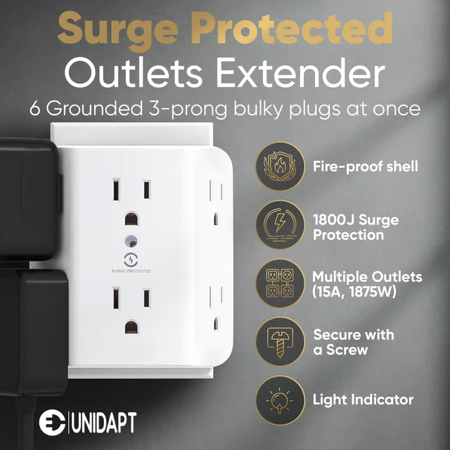 Alt view image 2 of 7 - 6 Outlet Wall Plug Extender, Surge Protector Power Strip, 1-Pack 900 Joules, 3 Sided Wide Spaced Outlets, Mountable Wall Tap Multi Plug Charger Expander for Home, Office and Travel