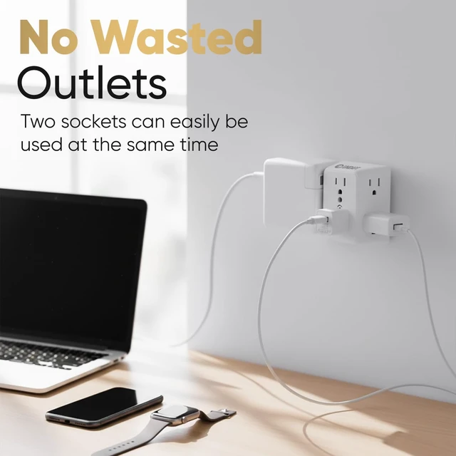 Alt view image 3 of 7 - 6 Outlet Wall Plug Extender, Surge Protector Power Strip, 1-Pack 900 Joules, 3 Sided Wide Spaced Outlets, Mountable Wall Tap Multi Plug Charger Expander for Home, Office and Travel