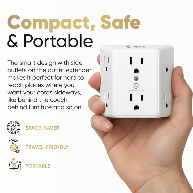Alt view image 4 of 7 - 6 Outlet Wall Plug Extender, Surge Protector Power Strip, 1-Pack 900 Joules, 3 Sided Wide Spaced Outlets, Mountable Wall Tap Multi Plug Charger Expander for Home, Office and Travel