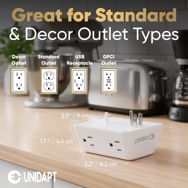 Alt view image 5 of 7 - 6 Outlet Wall Plug Extender, Surge Protector Power Strip, 1-Pack 900 Joules, 3 Sided Wide Spaced Outlets, Mountable Wall Tap Multi Plug Charger Expander for Home, Office and Travel
