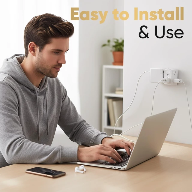 Alt view image 6 of 7 - 6 Outlet Wall Plug Extender, Surge Protector Power Strip, 1-Pack 900 Joules, 3 Sided Wide Spaced Outlets, Mountable Wall Tap Multi Plug Charger Expander for Home, Office and Travel
