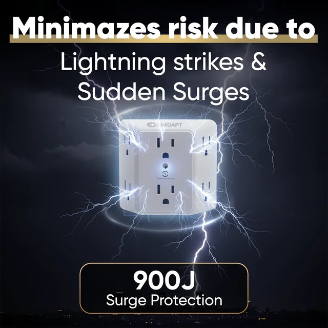 Alt view image 7 of 7 - 6 Outlet Wall Plug Extender, Surge Protector Power Strip, 1-Pack 900 Joules, 3 Sided Wide Spaced Outlets, Mountable Wall Tap Multi Plug Charger Expander for Home, Office and Travel