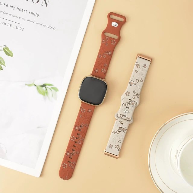 Alt view image 5 of 7 - 2 Pack Floral Engraved Bands for Fitbit Sense 1/2 Versa3/4 Cute,Two-Tone,Soft Silicone,Sport Strap,Women,For Fitbit Sense 2 / Sense Fitbit Versa 4/ Versa 3