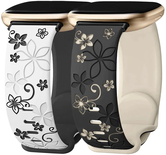 Main image of 2 Pack Floral Engraved Bands for Fitbit Sense 1/2 Versa3/4 Cute,Two-Tone,Soft Silicone,Sport Strap,Women,For Fitbit Sense 2 / Sense Fitbit Versa 4/ Versa 3