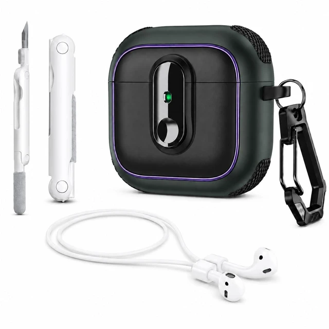 Main image of Case for AirPods Pro 3 (2025), Secure Lock Rugged Protective Cover, Compatible with MagSafe Wireless Charging, with Carabiner, Cleaning Brush & Anti-Loss Lanyard (Black+Army Green)