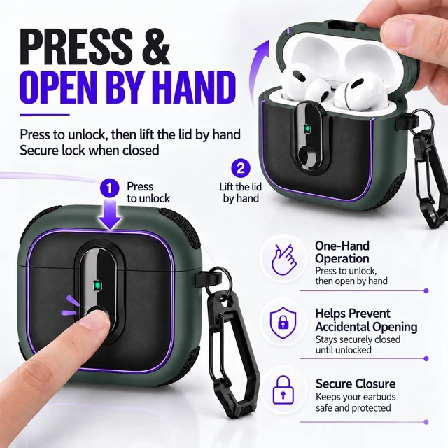 Alt view image 2 of 7 - Case for AirPods Pro 3 (2025), Secure Lock Rugged Protective Cover, Compatible with MagSafe Wireless Charging, with Carabiner, Cleaning Brush & Anti-Loss Lanyard (Black+Army Green)