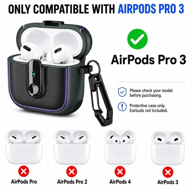 Alt view image 3 of 7 - Case for AirPods Pro 3 (2025), Secure Lock Rugged Protective Cover, Compatible with MagSafe Wireless Charging, with Carabiner, Cleaning Brush & Anti-Loss Lanyard (Black+Army Green)