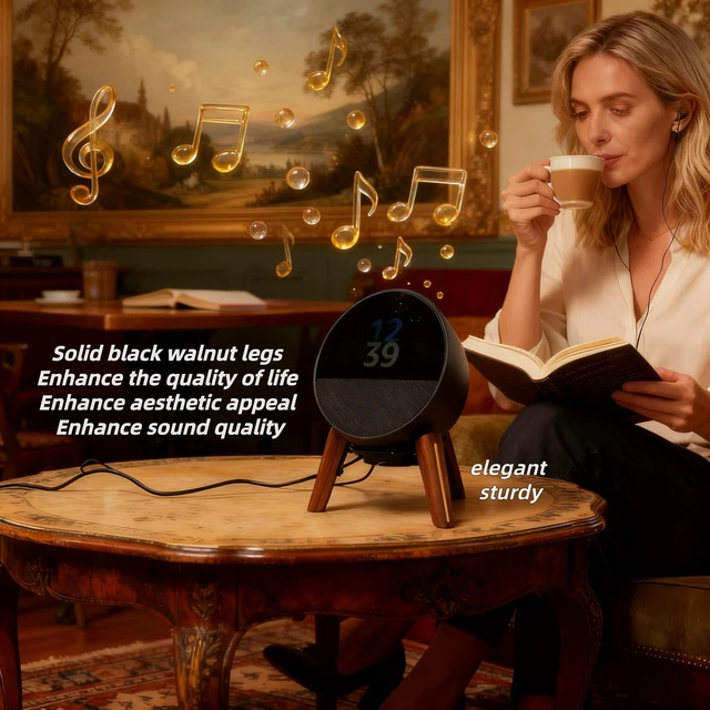 Alt view image 3 of 7 - Universal Desktop Speaker Mount Stand Suitable for Echo Spot (2024 Release),Dot Max (Newest Model),Pop,Dot 5th, Home Pod Mini and All Suitable Sized Speakers (Black Walnut with Metal Strip)