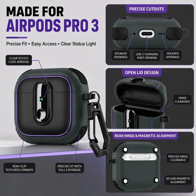 Alt view image 4 of 7 - Case for AirPods Pro 3 (2025), Secure Lock Rugged Protective Cover, Compatible with MagSafe Wireless Charging, with Carabiner, Cleaning Brush & Anti-Loss Lanyard (Black+Army Green)