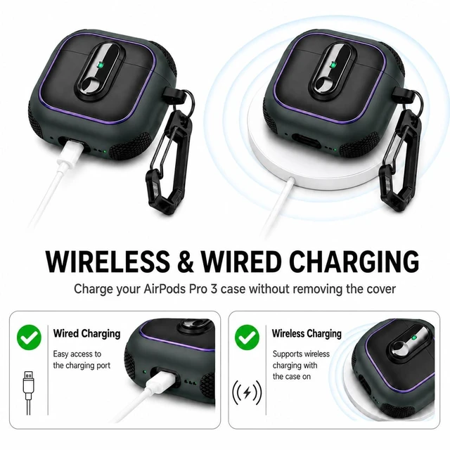 Alt view image 5 of 7 - Case for AirPods Pro 3 (2025), Secure Lock Rugged Protective Cover, Compatible with MagSafe Wireless Charging, with Carabiner, Cleaning Brush & Anti-Loss Lanyard (Black+Army Green)
