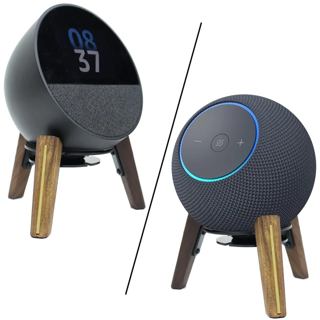 Alt view image 6 of 7 - Universal Desktop Speaker Mount Stand Suitable for Echo Spot (2024 Release),Dot Max (Newest Model),Pop,Dot 5th, Home Pod Mini and All Suitable Sized Speakers (Black Walnut with Metal Strip)