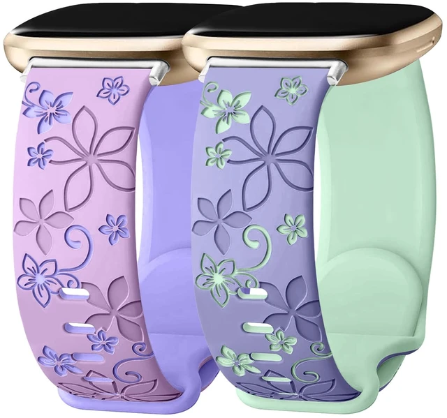 Main image of 2 Pack Floral Engraved Bands for Fitbit Sense 1/2 Versa3/4 Cute,Two-Tone,Soft Silicone,Sport Strap,Women,For Fitbit Sense 2 / Sense Fitbit Versa 4/ Versa 3