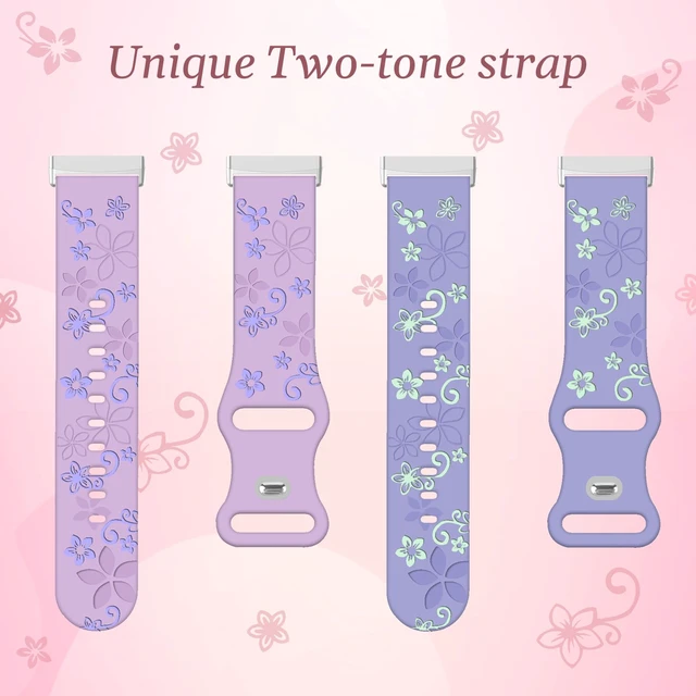 Alt view image 2 of 7 - 2 Pack Floral Engraved Bands for Fitbit Sense 1/2 Versa3/4 Cute,Two-Tone,Soft Silicone,Sport Strap,Women,For Fitbit Sense 2 / Sense Fitbit Versa 4/ Versa 3