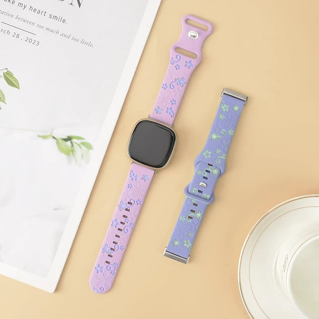Alt view image 5 of 7 - 2 Pack Floral Engraved Bands for Fitbit Sense 1/2 Versa3/4 Cute,Two-Tone,Soft Silicone,Sport Strap,Women,For Fitbit Sense 2 / Sense Fitbit Versa 4/ Versa 3