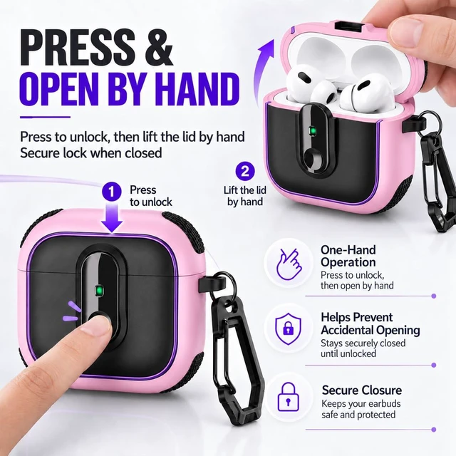 Alt view image 2 of 7 - Case for AirPods Pro 3 (2025), Secure Lock Rugged Protective Cover, Compatible with MagSafe Wireless Charging, with Carabiner, Cleaning Brush & Anti-Loss Lanyard (Pink+Blue)