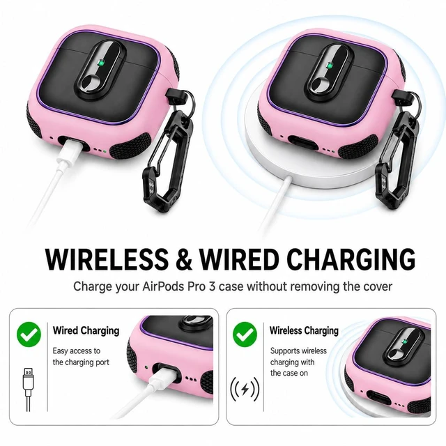 Alt view image 5 of 7 - Case for AirPods Pro 3 (2025), Secure Lock Rugged Protective Cover, Compatible with MagSafe Wireless Charging, with Carabiner, Cleaning Brush & Anti-Loss Lanyard (Pink+Blue)