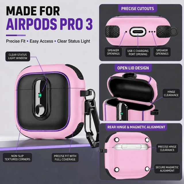 Alt view image 4 of 7 - Case for AirPods Pro 3 (2025), Secure Lock Rugged Protective Cover, Compatible with MagSafe Wireless Charging, with Carabiner, Cleaning Brush & Anti-Loss Lanyard (Pink+Blue)