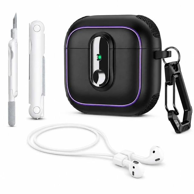 Main image of Case for AirPods Pro 3 (2025), Secure Lock Rugged Protective Cover, Compatible with MagSafe Wireless Charging, with Carabiner, Cleaning Brush & Anti-Loss Lanyard (Black)