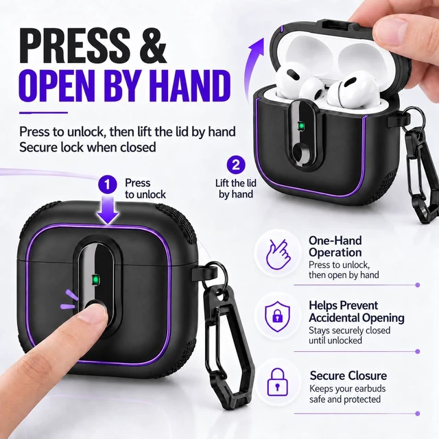 Alt view image 2 of 7 - Case for AirPods Pro 3 (2025), Secure Lock Rugged Protective Cover, Compatible with MagSafe Wireless Charging, with Carabiner, Cleaning Brush & Anti-Loss Lanyard (Black)