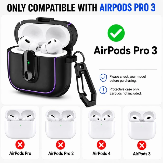 Alt view image 3 of 7 - Case for AirPods Pro 3 (2025), Secure Lock Rugged Protective Cover, Compatible with MagSafe Wireless Charging, with Carabiner, Cleaning Brush & Anti-Loss Lanyard (Black)