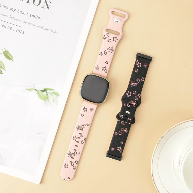 Alt view image 5 of 7 - 2 Pack Floral Engraved Bands for Fitbit Sense 1/2 Versa3/4 Cute,Two-Tone,Soft Silicone,Sport Strap,Women,For Fitbit Sense 2 / Sense Fitbit Versa 4/ Versa 3