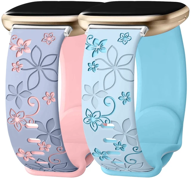 Main image of 2 Pack Floral Engraved Bands for Fitbit Sense 1/2 Versa3/4 Cute,Two-Tone,Soft Silicone,Sport Strap,Women,For Fitbit Sense 2 / Sense Fitbit Versa 4/ Versa 3