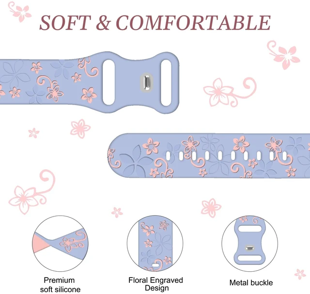 Alt view image 3 of 7 - 2 Pack Floral Engraved Bands for Fitbit Sense 1/2 Versa3/4 Cute,Two-Tone,Soft Silicone,Sport Strap,Women,For Fitbit Sense 2 / Sense Fitbit Versa 4/ Versa 3