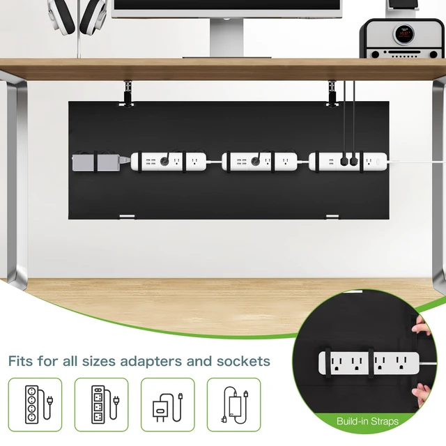 Alt view image 3 of 7 - Under Desk Cable Management Tray, 40 inch No Drill Cord Organizer Adjustable Clamp/Screw Mount, Sturdy Oxford Fabric, Wire Management Tray for Power Strips, Home Office & Gaming Desk, Black
