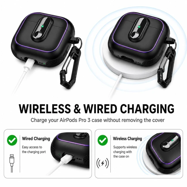 Alt view image 5 of 7 - Case for AirPods Pro 3 (2025), Secure Lock Rugged Protective Cover, Compatible with MagSafe Wireless Charging, with Carabiner, Cleaning Brush & Anti-Loss Lanyard (Black)