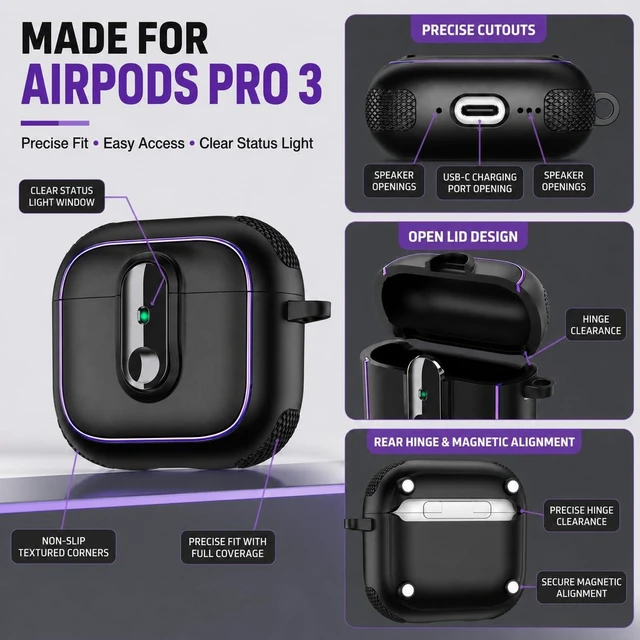 Alt view image 4 of 7 - Case for AirPods Pro 3 (2025), Secure Lock Rugged Protective Cover, Compatible with MagSafe Wireless Charging, with Carabiner, Cleaning Brush & Anti-Loss Lanyard (Black)