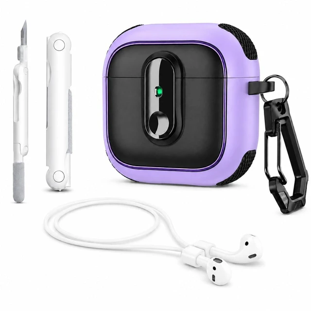 Main image of Case for AirPods Pro 3 (2025), Secure Lock Rugged Protective Cover, Compatible with MagSafe Wireless Charging, with Carabiner, Cleaning Brush & Anti-Loss Lanyard (Purple+Black)