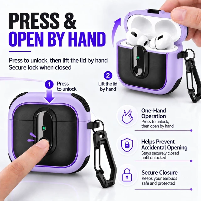 Alt view image 2 of 7 - Case for AirPods Pro 3 (2025), Secure Lock Rugged Protective Cover, Compatible with MagSafe Wireless Charging, with Carabiner, Cleaning Brush & Anti-Loss Lanyard (Purple+Black)