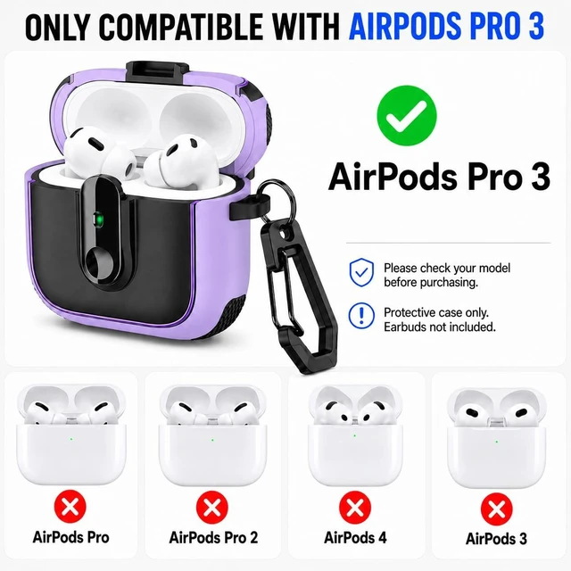 Alt view image 3 of 7 - Case for AirPods Pro 3 (2025), Secure Lock Rugged Protective Cover, Compatible with MagSafe Wireless Charging, with Carabiner, Cleaning Brush & Anti-Loss Lanyard (Purple+Black)