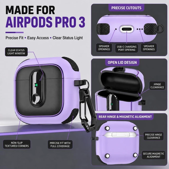 Alt view image 4 of 7 - Case for AirPods Pro 3 (2025), Secure Lock Rugged Protective Cover, Compatible with MagSafe Wireless Charging, with Carabiner, Cleaning Brush & Anti-Loss Lanyard (Purple+Black)